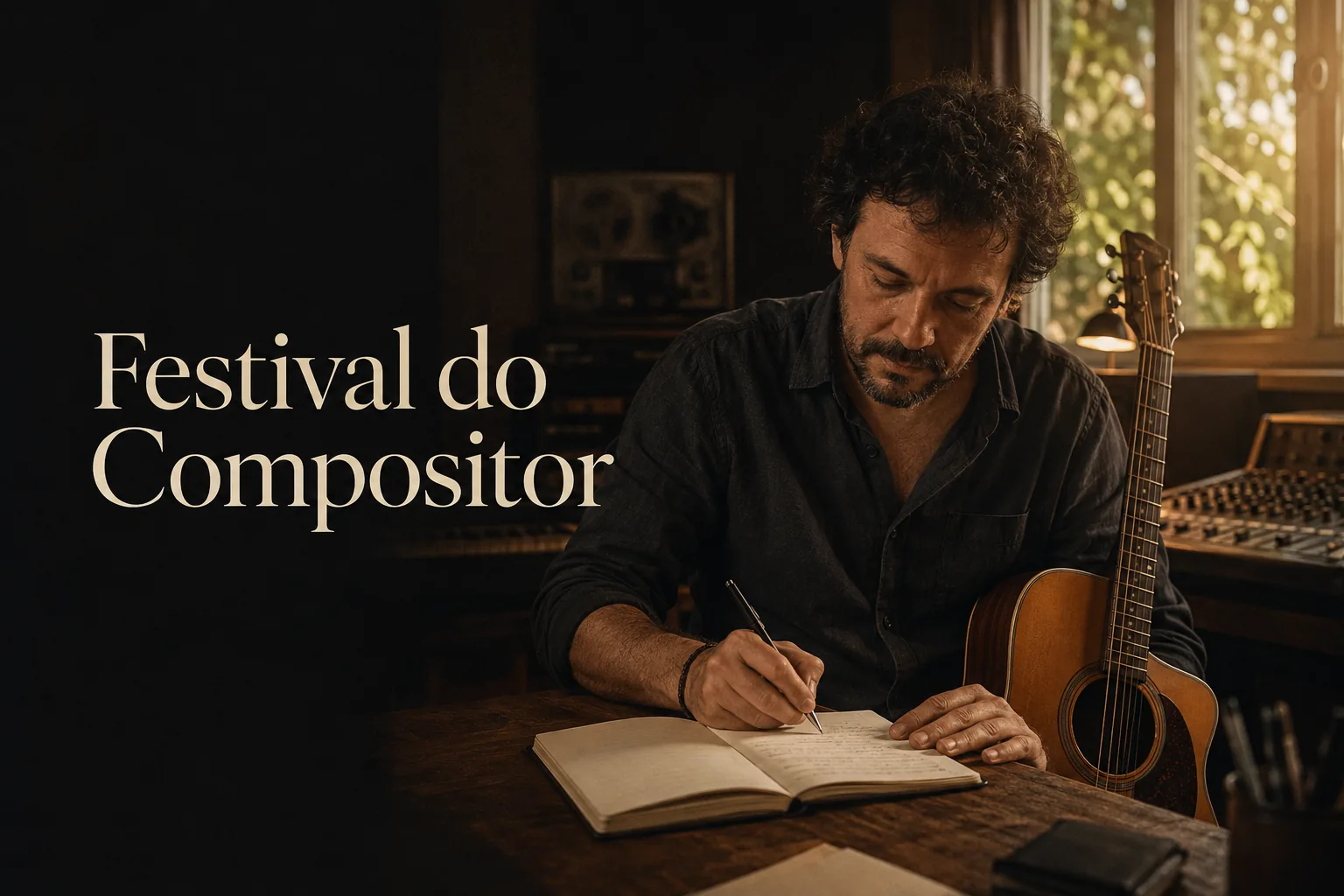 Festival do Compositor — compositor escrevendo uma música ao lado do seu violão